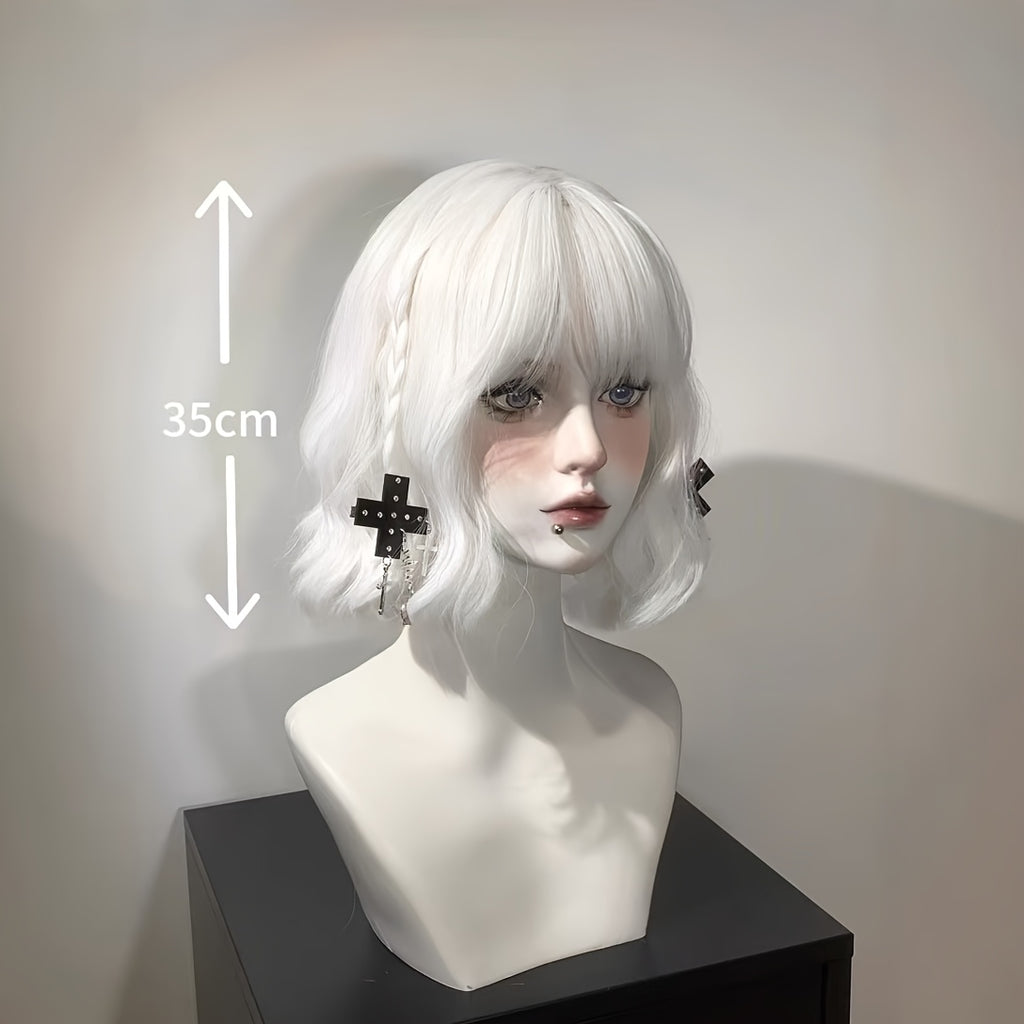 New European And American Wig Full Head Cover Wig, Elastic Rose Net with White Bangs, Wavy Curly Hair, Egg Rolls, Harajuku Style, Anime Cosplay Hit, High-temperature Natural Curly Full Head