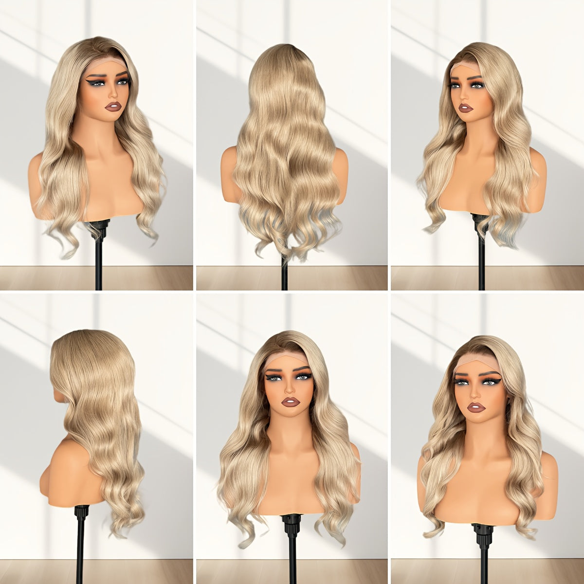 Transparent Lace Front Human Hair Wigs with Blonde Ombre, Featuring Brown Roots And Body Wave Style in Ash Blonde And Gray. This 180% Density Long Brazilian Virgin Wig Has a Pre-Plucked Natural Hairline, Perfect for Daily Wear Or Parties