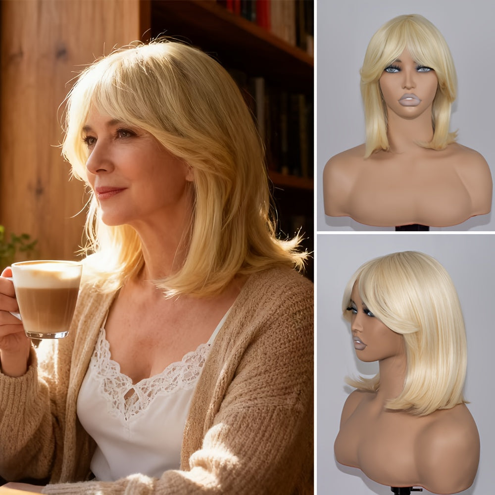 Women' Heat-Resistant Full Head Coverage Synthetic Hair Wig - Blonde Straight with Bangs Suitable for Daily Wear, Parties & Elastic Net Cap - Age-Reducing Realistic Volume Wig for Heat Styling & Instant Volume