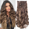 22-Inch Clip-In Synthetic Hair Extensions with High Resistance, Featuring a Blend of Chocolate Brown And Honey Blonde Balayage. This Set Includes 6pcs And Is Designed with Double Weft for Added Volume