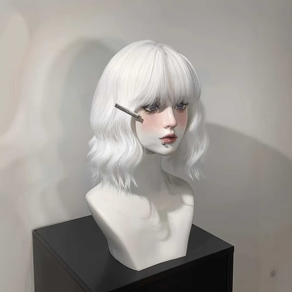 New European And American Wig Full Head Cover Wig, Elastic Rose Net with White Bangs, Wavy Curly Hair, Egg Rolls, Harajuku Style, Anime Cosplay Hit, High-temperature Natural Curly Full Head