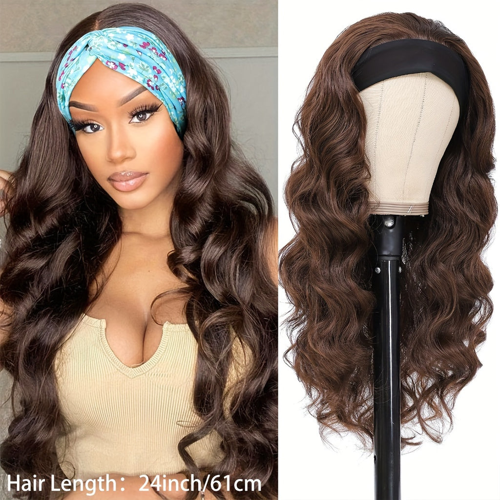 24-Inch Long Wavy Headband Wig for Women Suitable for Parties & Daily Use - Black\u002FBrown\u002FBlonde Highlight Synthetic Hair with 200% Density, Elastic, Volume & Put-On-and-Go Style (No Glue\u002FSpray Needed)