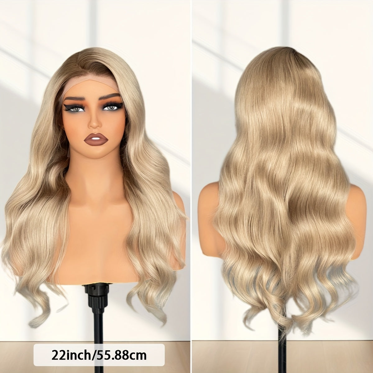Transparent Lace Front Human Hair Wigs with Blonde Ombre, Featuring Brown Roots And Body Wave Style in Ash Blonde And Gray. This 180% Density Long Brazilian Virgin Wig Has a Pre-Plucked Natural Hairline, Perfect for Daily Wear Or Parties