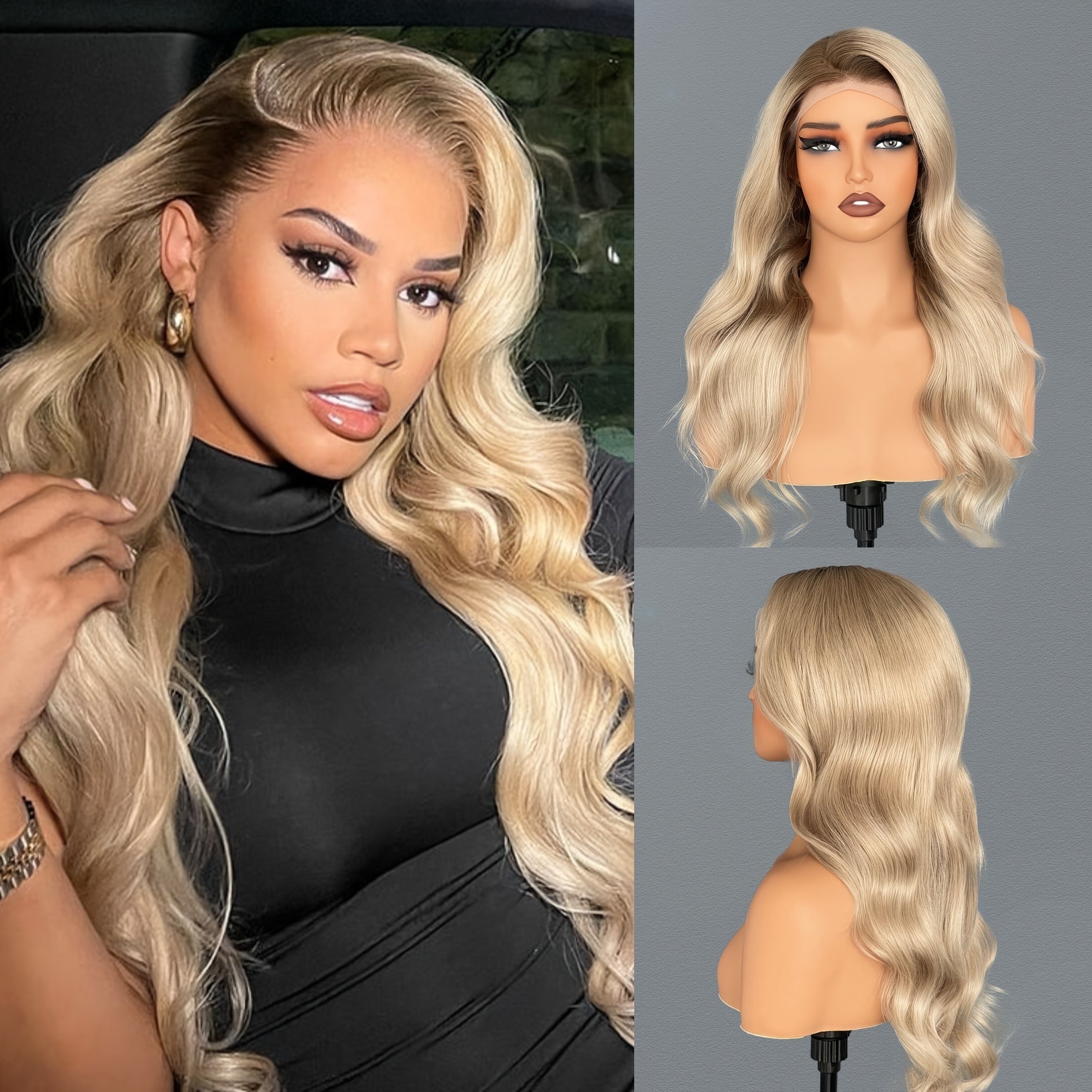 Brazilian Virgin Human Hair Wig 13x4 Transparent Lace Front with Brown Root Ombre Blonde ( to Dark) - 180% Density Body Wave Ash Blonde\u002FGray Remy Hair, Pre-Plucked Natural Hairline, Long Length Natural Looking Wig for Women (Daily