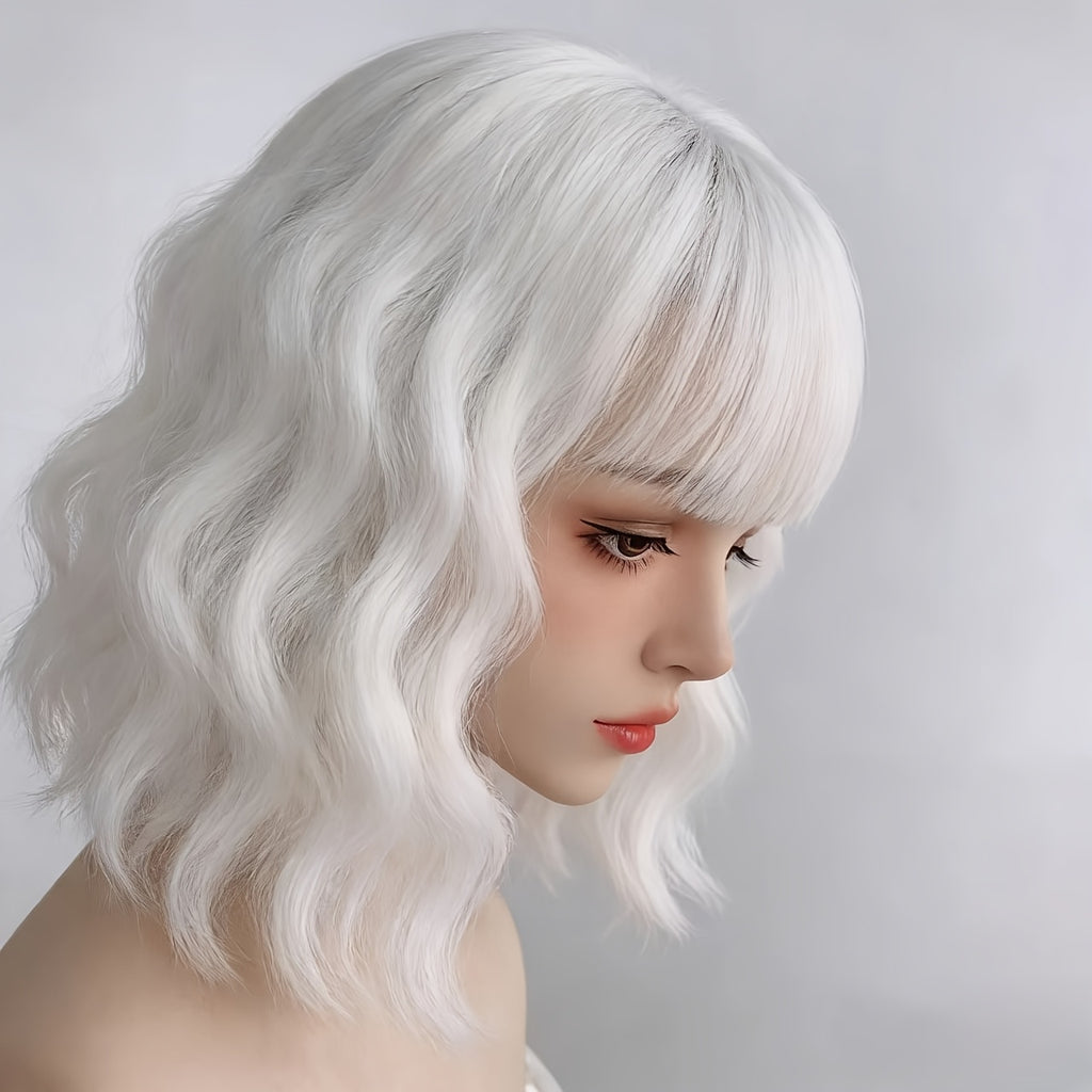 New European And American Wig Full Head Cover Wig, Elastic Rose Net with White Bangs, Wavy Curly Hair, Egg Rolls, Harajuku Style, Anime Cosplay Hit, High-temperature Natural Curly Full Head