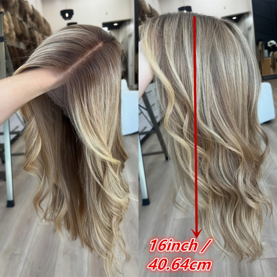 Proktty Transparent Lace Front Wig Ash Blonde Balayage Human Hair Wig Suitable for Skin Tones, 16inch Long Body with Baby Hair & 180% Density Transparent Base Wig for Hairline for Daily Wear, Parties, Photoshoots