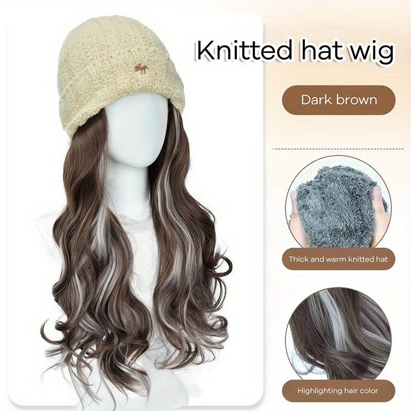 Women'S Winter Warm Knitted Wig Hat with Highlighted Dye - Soft Synthetic Hairpiece & Full Head Cap, Elastic Net Cap for Secure Fit, -Looking Wavy Hairpiece for Daily Wear, Cosplay & Themed Events - Unisex-Style Design, Easy Maintenance (No Styling