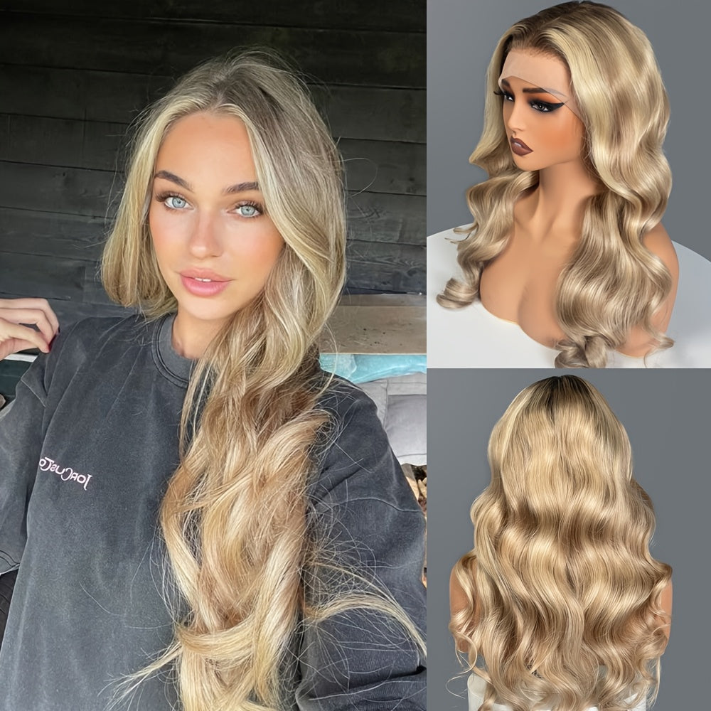 Highlight Ashen Moonlight Balayage Color Beachy Waves 100% Virgin Hair Wig 250% Density Wig 13x4 Upgrade Lace Hair 24inch Money Piece Highlights Gloss Finish Wig Seasonal Limited Edition Wig Ideal for Women's Trendy Hairstyles, Party Hairstyle