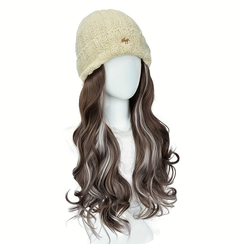 Women'S Winter Warm Knitted Wig Hat with Highlighted Dye - Soft Synthetic Hairpiece & Full Head Cap, Elastic Net Cap for Secure Fit, -Looking Wavy Hairpiece for Daily Wear, Cosplay & Themed Events - Unisex-Style Design, Easy Maintenance (No Styling