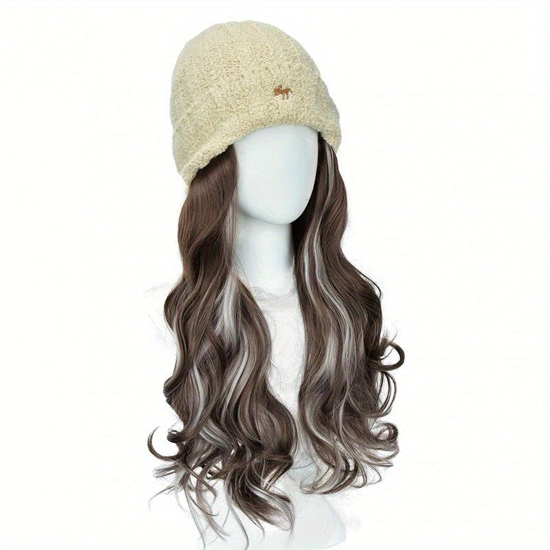 Women's Winter Warm Knitted Wig Hat with Highlighted Wavy Synthetic Hair - Full Head Cap & Elastic Net Base for Cosplay, Themed Events, Daily Wear - Soft Warm Wigpiece Suitable for Skin Types, Easy Maintenance (No Styling)