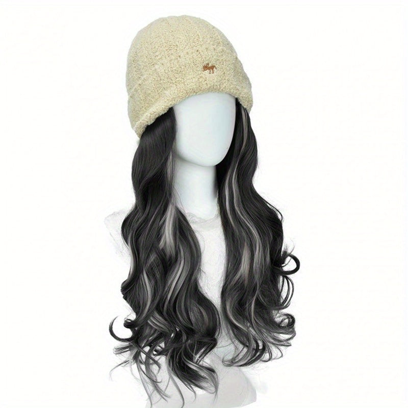 Women's Winter Warm Knitted Wig Hat with Highlighted Wavy Synthetic Hair - Full Head Cap & Elastic Net Base for Cosplay, Themed Events, Daily Wear - Soft Warm Wigpiece Suitable for Skin Types, Easy Maintenance (No Styling)