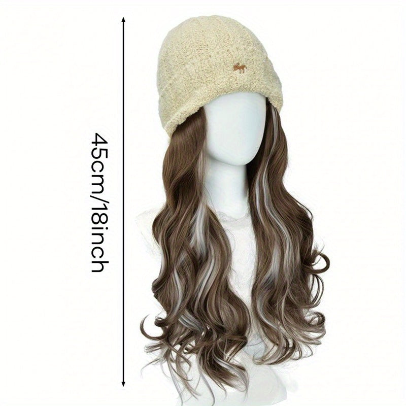 Women'S Winter Warm Knitted Wig Hat with Highlighted Dye - Soft Synthetic Hairpiece & Full Head Cap, Elastic Net Cap for Secure Fit, -Looking Wavy Hairpiece for Daily Wear, Cosplay & Themed Events - Unisex-Style Design, Easy Maintenance (No Styling