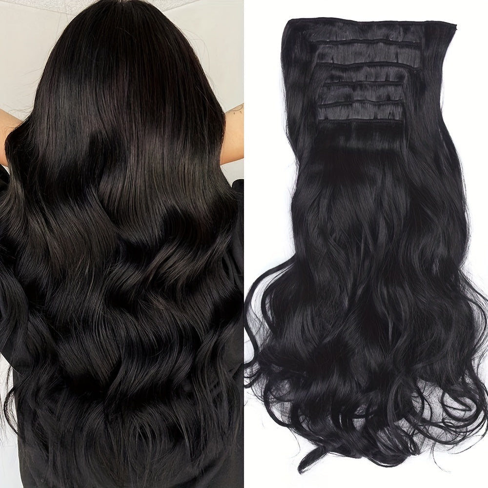 22-Inch Clip-In Synthetic Hair Extensions with High Resistance, Featuring a Blend of Chocolate Brown And Honey Blonde Balayage. This Set Includes 6pcs And Is Designed with Double Weft for Added Volume